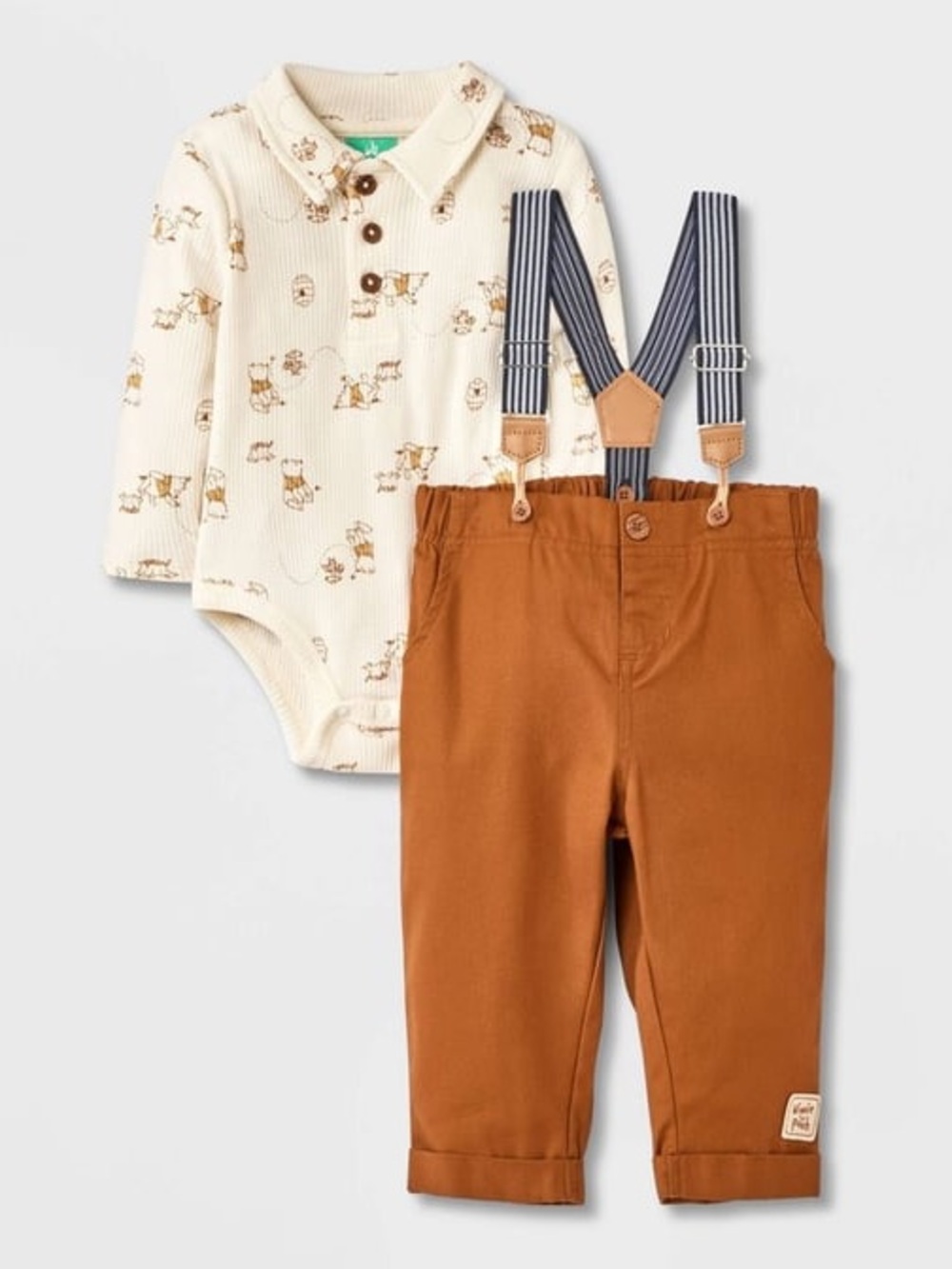 Disney 2pc Winnie the Pooh Bodysuit with Brown Pants and Navy Suspenders
